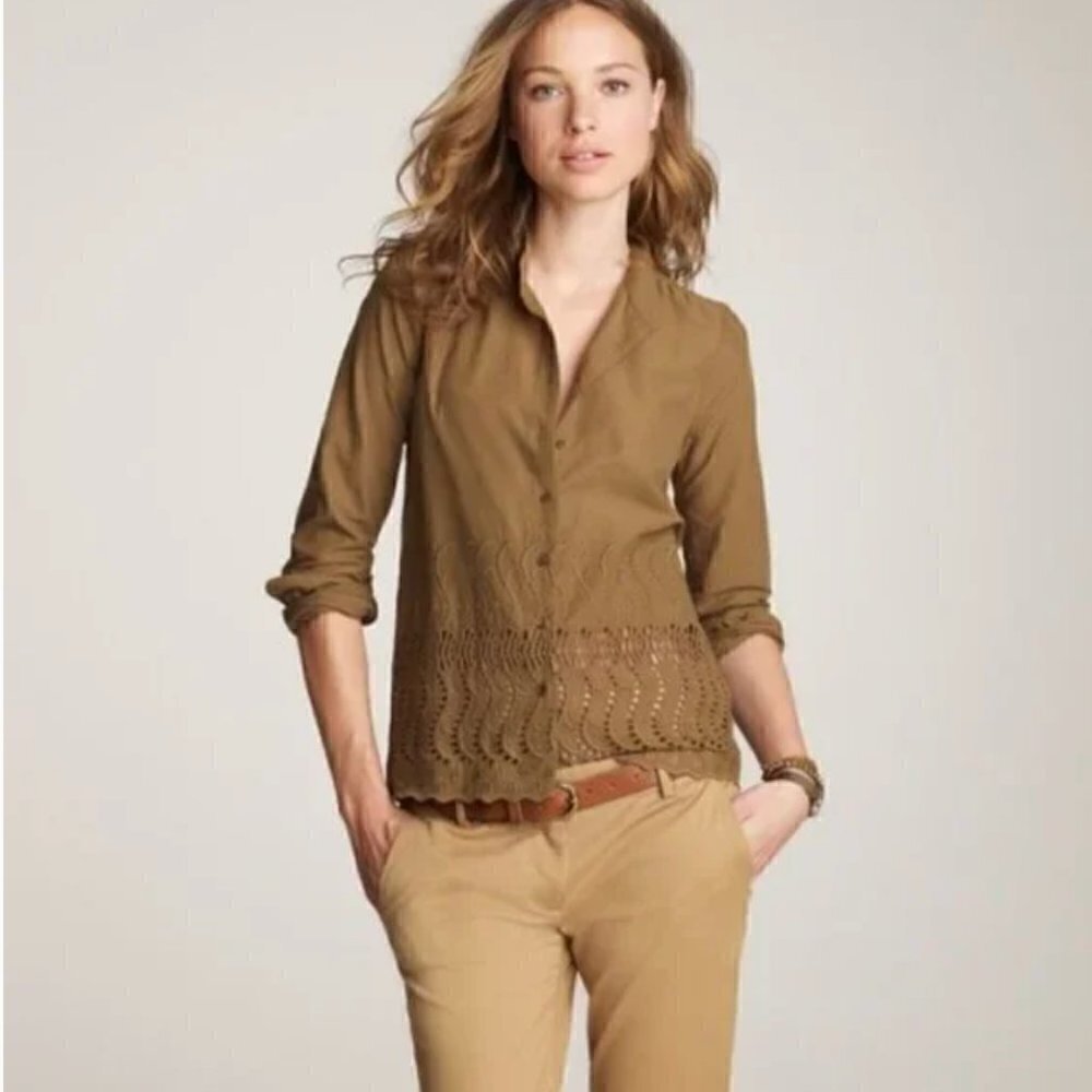 J. Crew Women's Sz 0 Delaney Eyelet-Trim Shirt Spiced Olive Green Tan Collarless